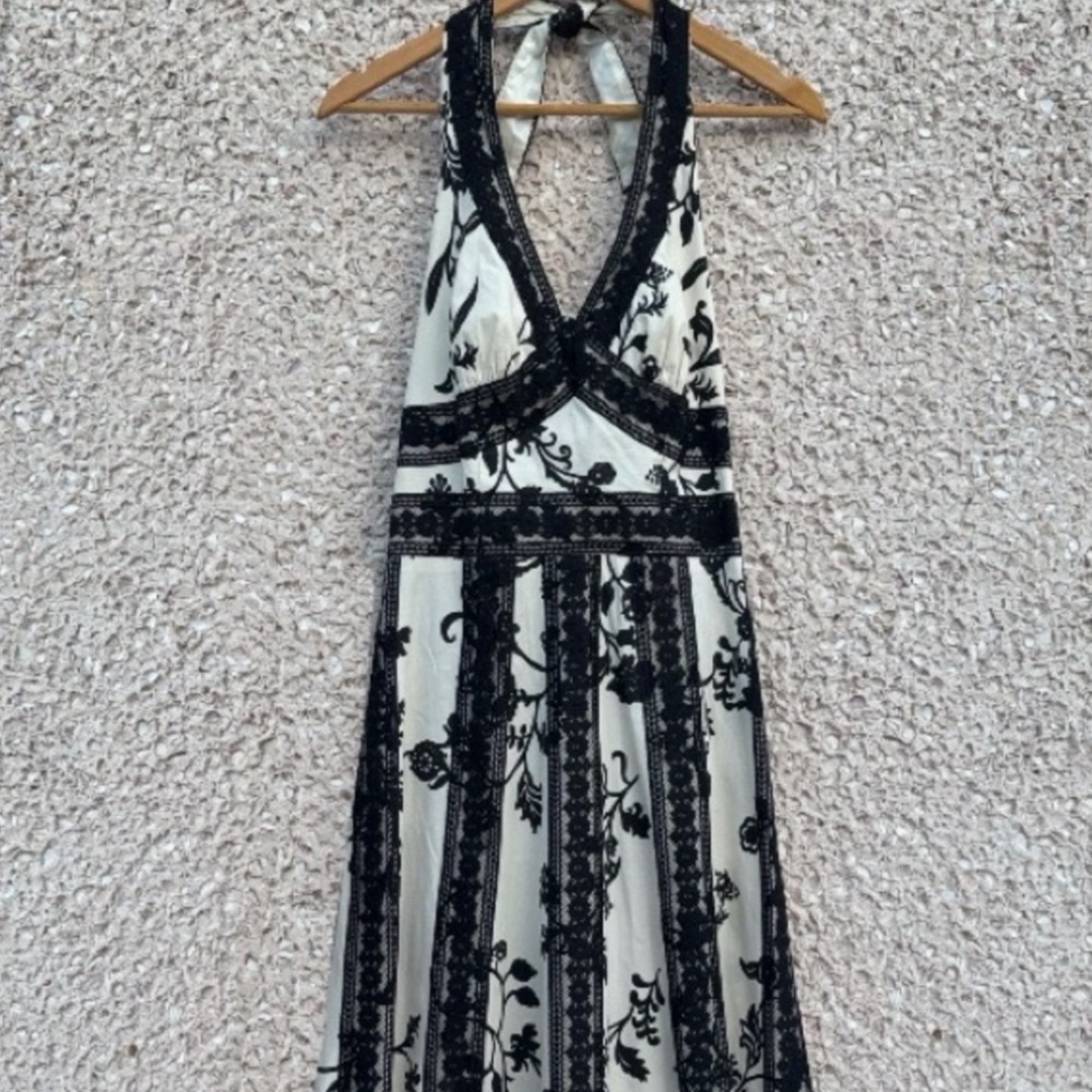 Ivory and Black Lace Floral Halter Dress